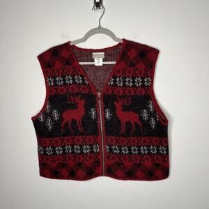 Coldwater Creek Sweater Vest Womens XL Red 100% Wool Zip Fair Isle Reindeer‎ USA